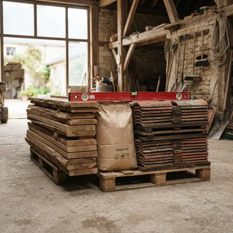 Planches de chêne, tuiles plates et sac d’enduit dans une grange