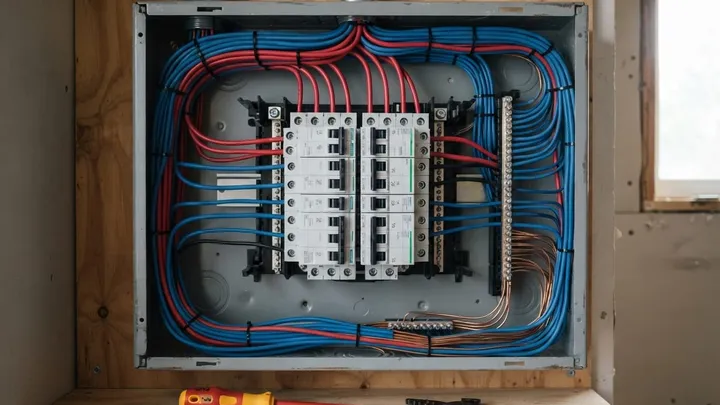 Tableau électrique ouvert en cours de câblage, fils peignés