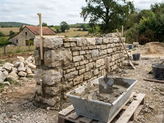 Mur en pierre calcaire en cours de montage, truelle dans le mortier
