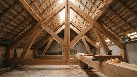 Charpente en chêne neuve vue de l’intérieur, rabot posé sur une poutre